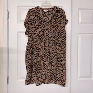 Umgee Animal Print Split Neck Gauzy Tiered Flowy Loose Short Sleeve Dress Sz M